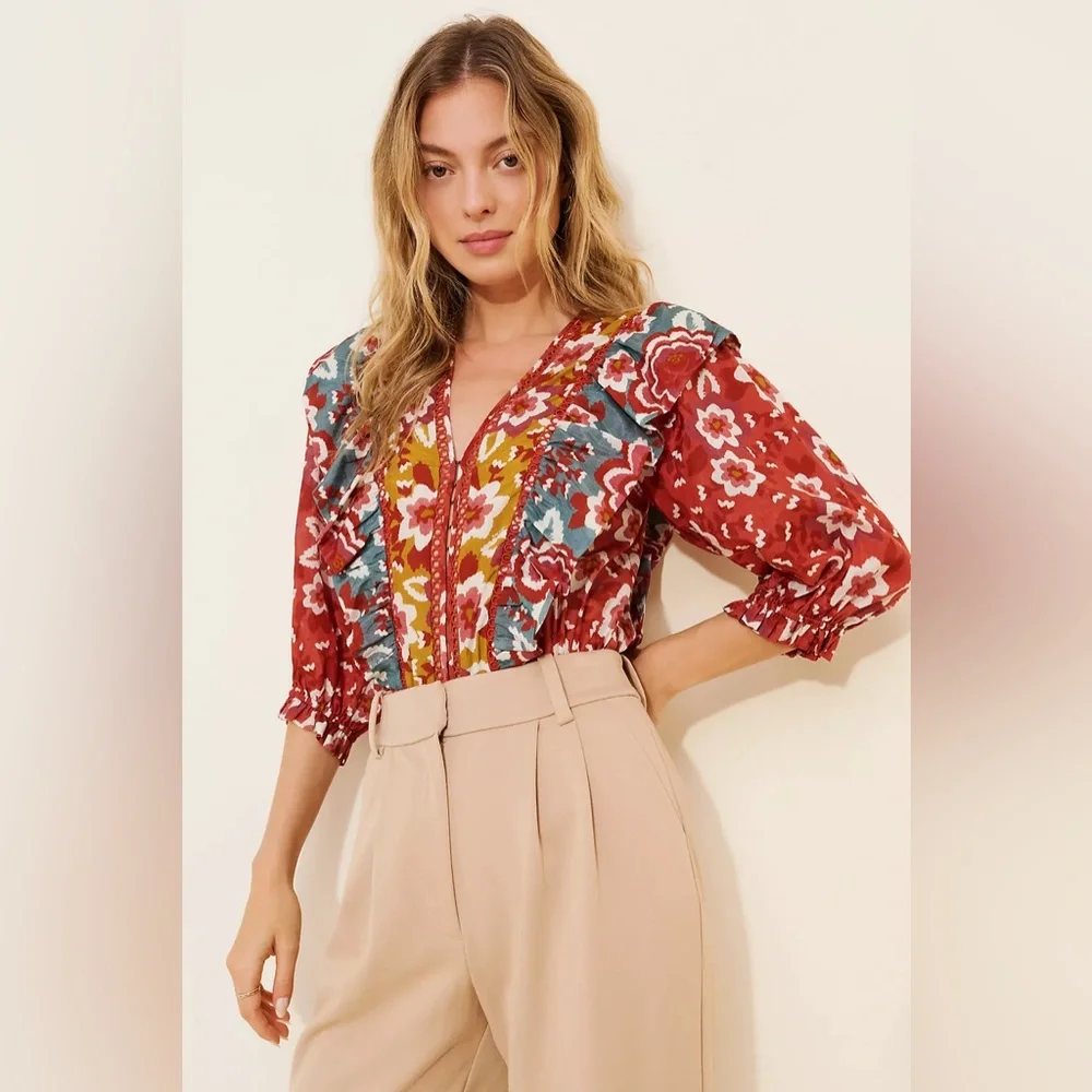 FARM Rio Floral Puff Sleeve Bodysuit - Picture 1 of 7